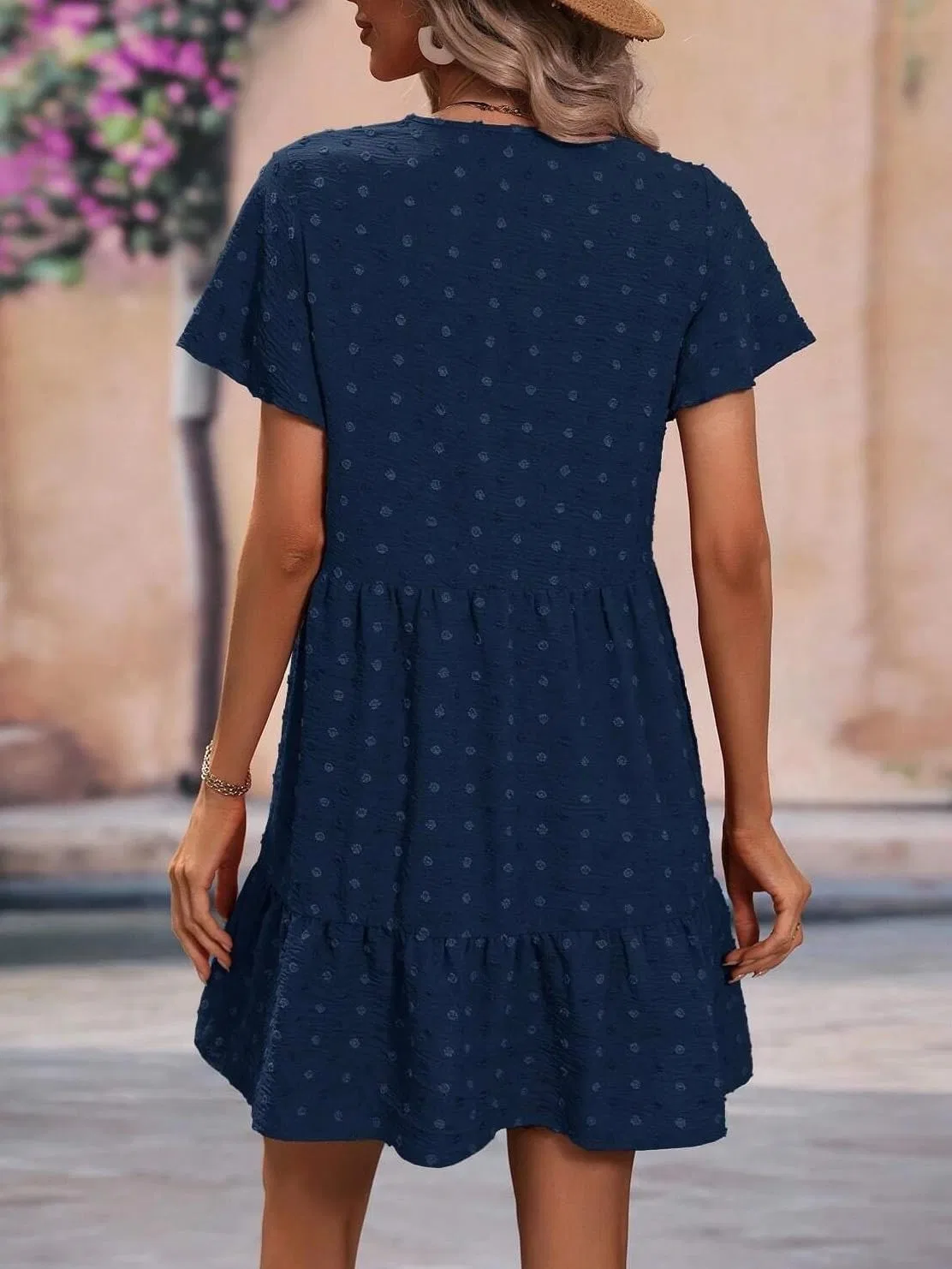 Женское короткое платье-смок с запахом и оборками, Navy Blue — фото 3