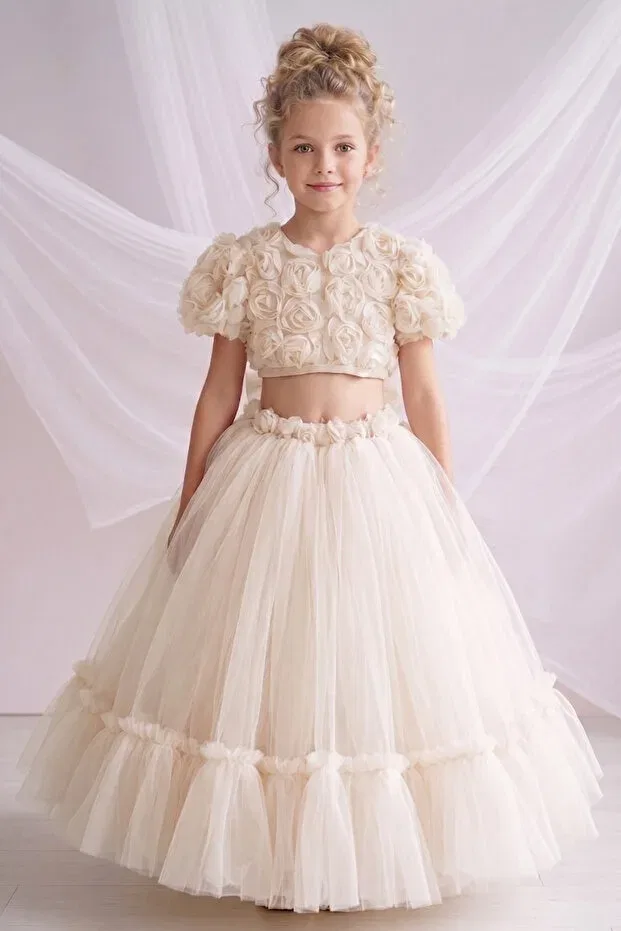 Детское платье для девочек с коротким рукавом Rose Tulle Princess Dress Alyra, Ecru