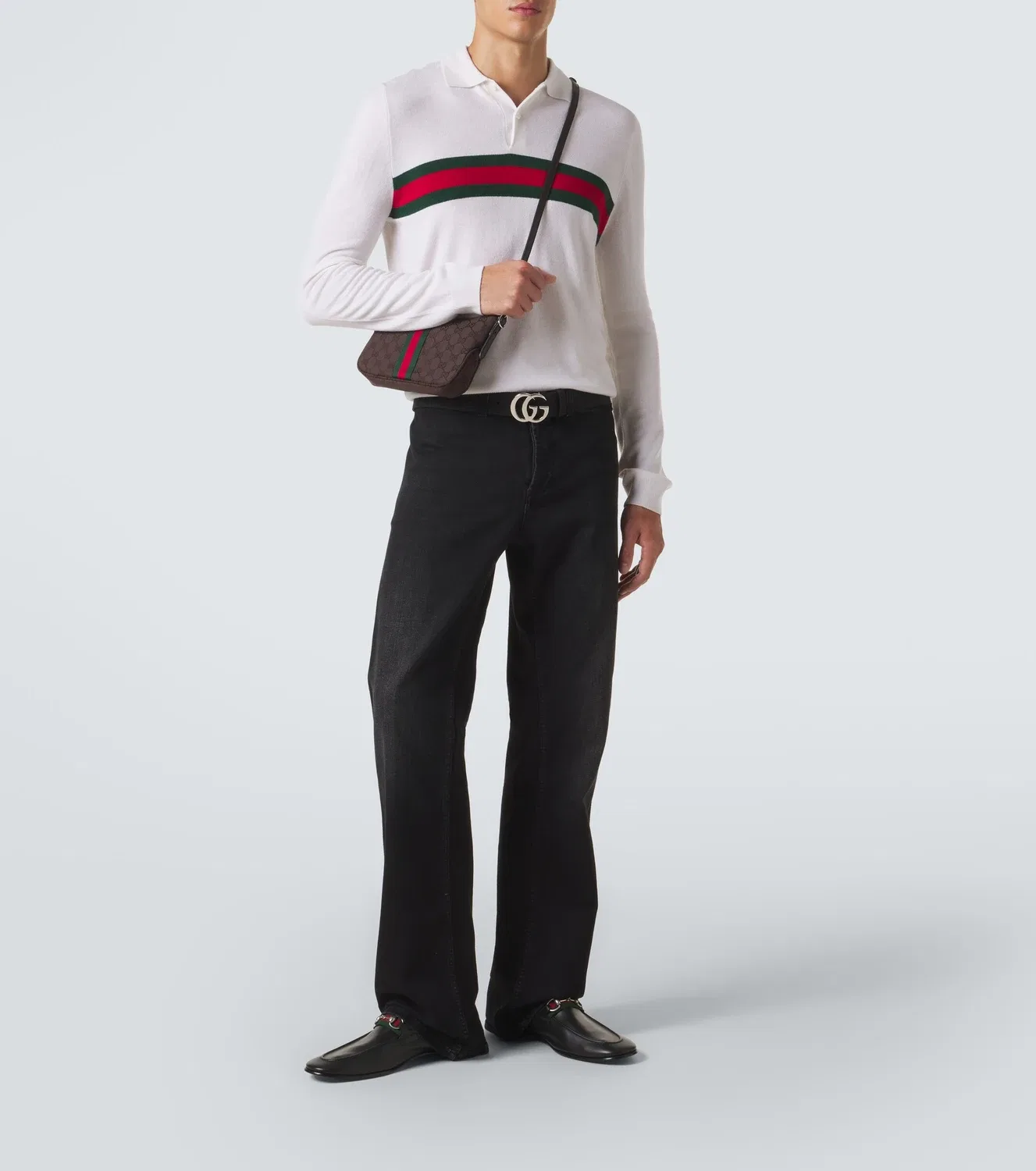 Кашемировая рубашка-поло с узором Web Stripe GUCCI, белый — фото 2