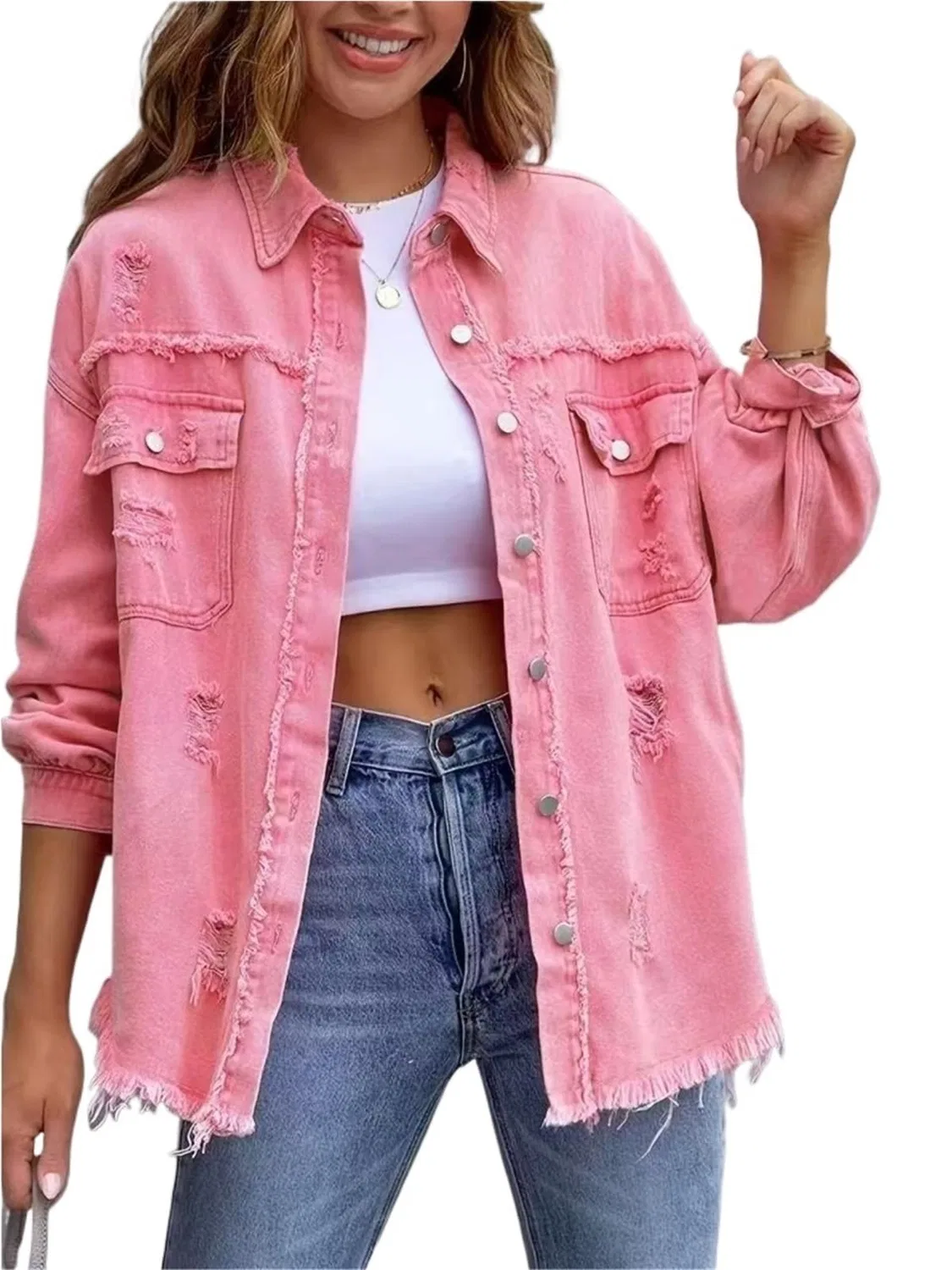 Женская джинсовая куртка с длинным рукавом, Light pink