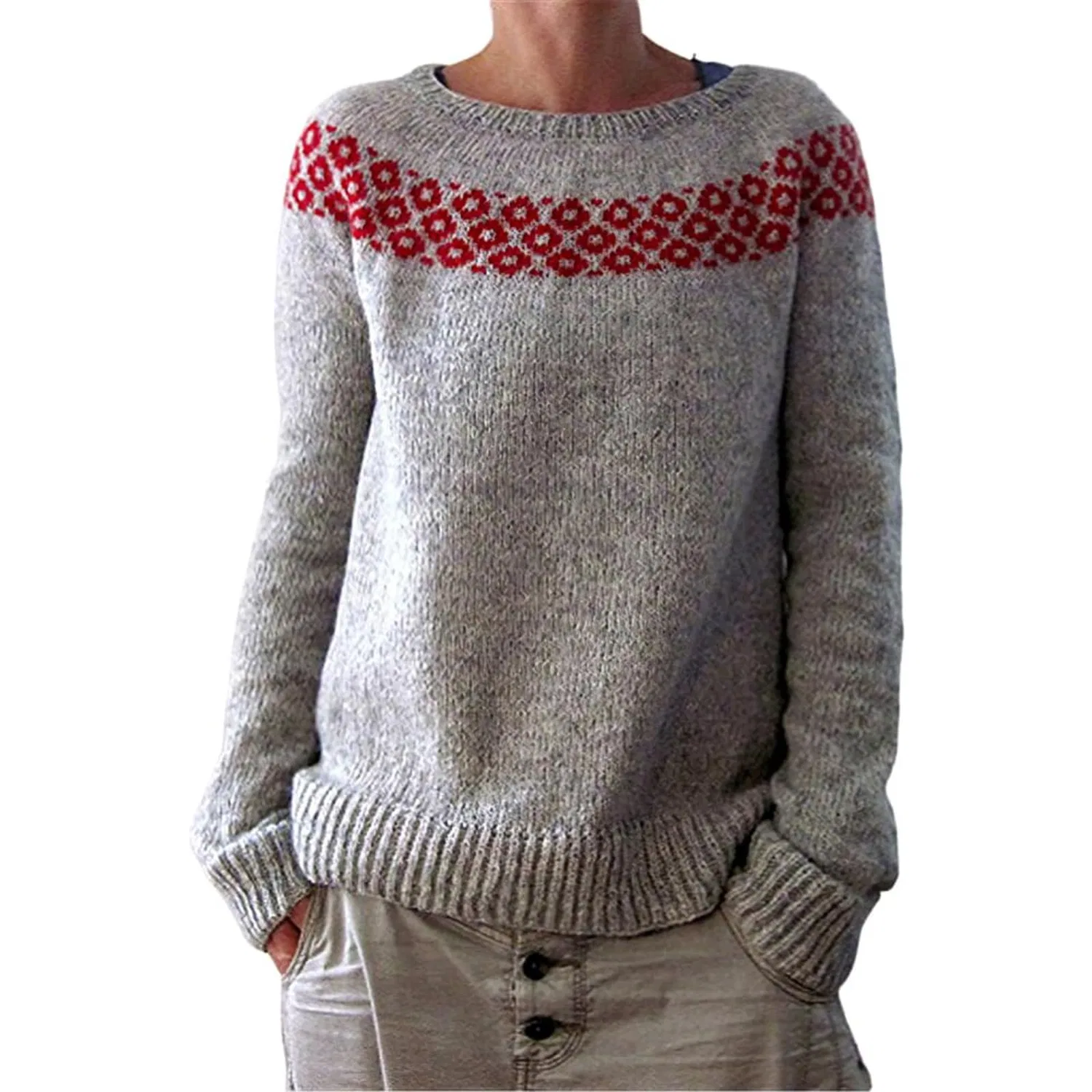 Женский свитер с принтом Fair Isle HUIFUAO, A07 Red