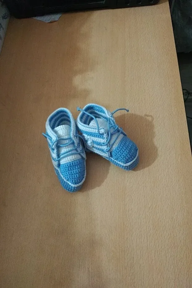 Детские пинетки для девочек вязаные Hand-Knitted baby booties Güzel Kaman, White And Blue — фото 4