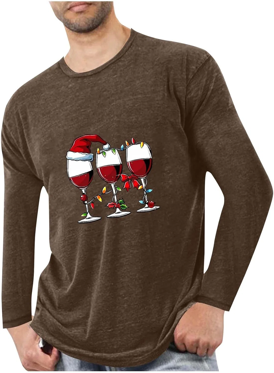 Мужская футболка с рождественским принтом Funny Christmas Wine Glass, Brown