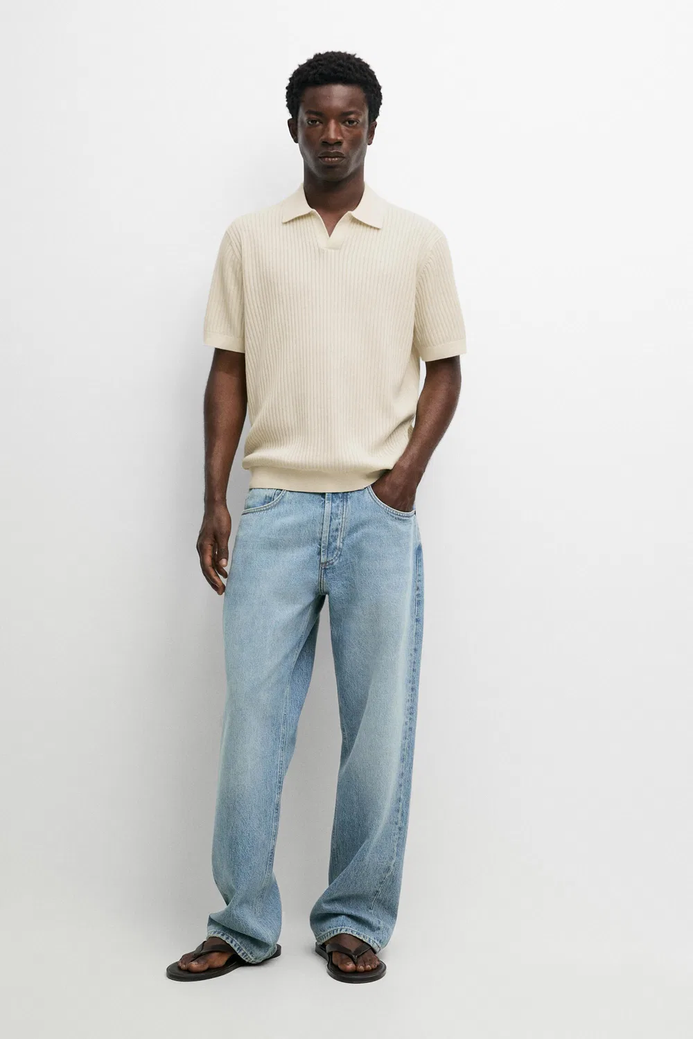 Поло Massimo Dutti, хлопковое поло из рубчика, ваниль