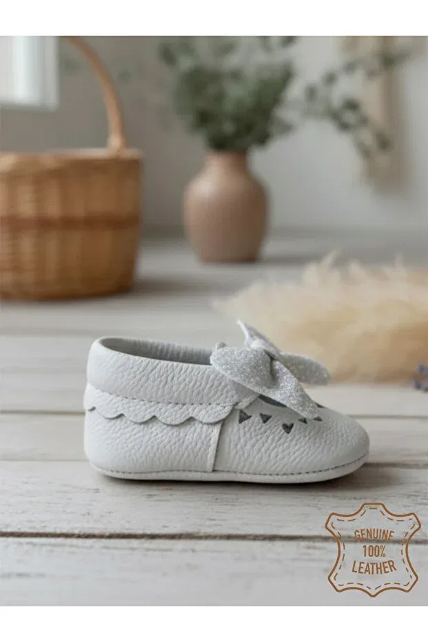 Детские пинетки для девочек кожаные Denokids, White — фото 2