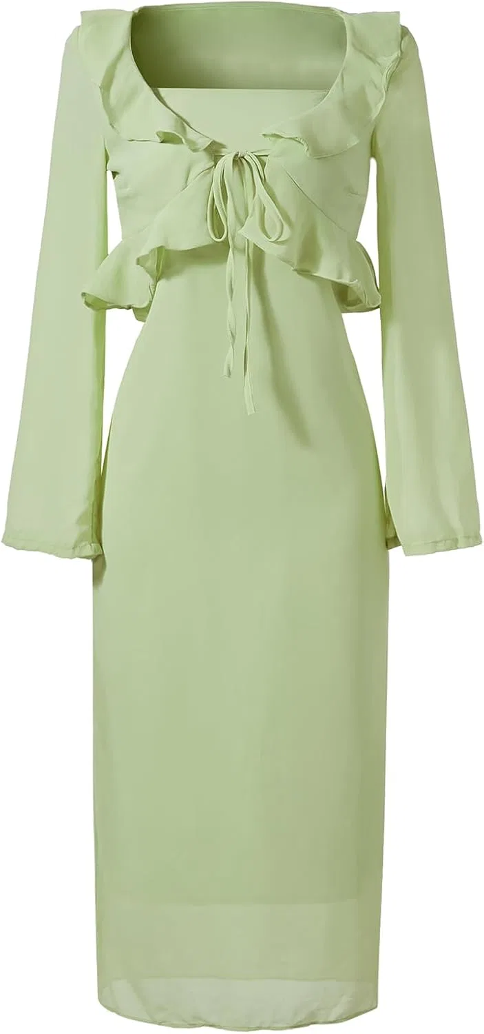 Женское платье с квадратным вырезом и воланами Vintage, Green
