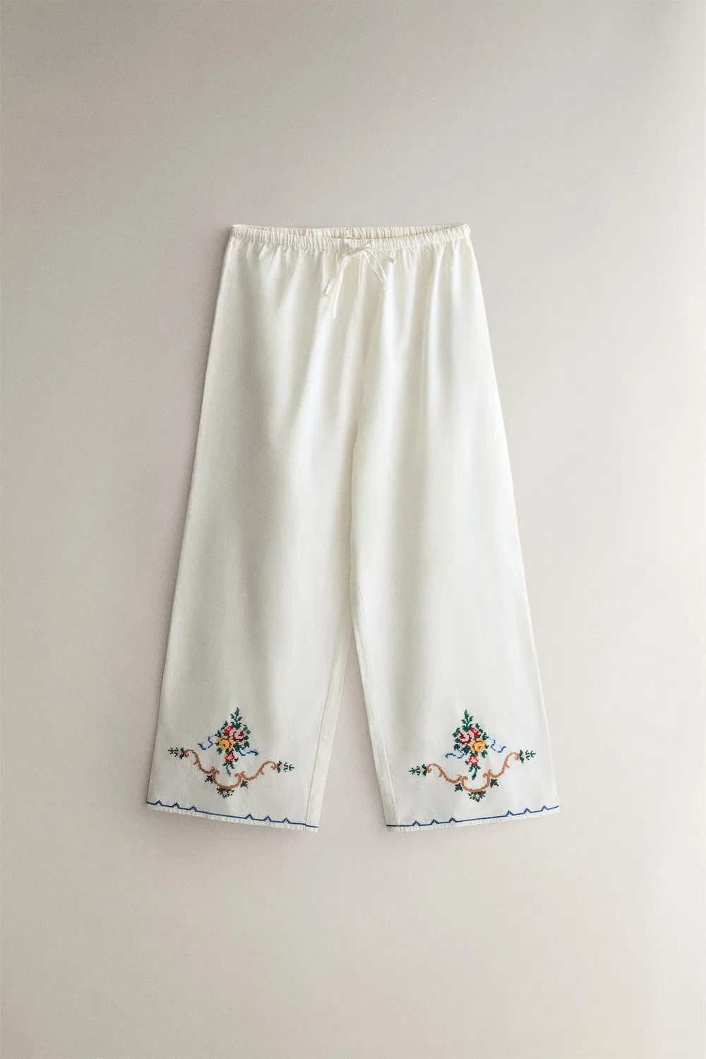 Брюки из смеси льна и хлопка с вышивкой ZARA, White