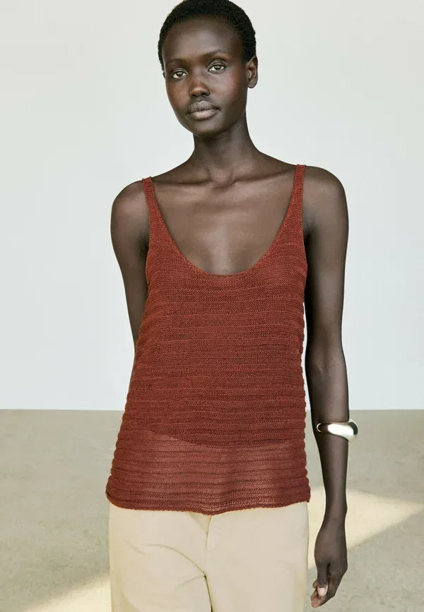 Топ с текстурным вязанием из льна, хлопка и полиамида, без спинки, Massimo Dutti, бордовый