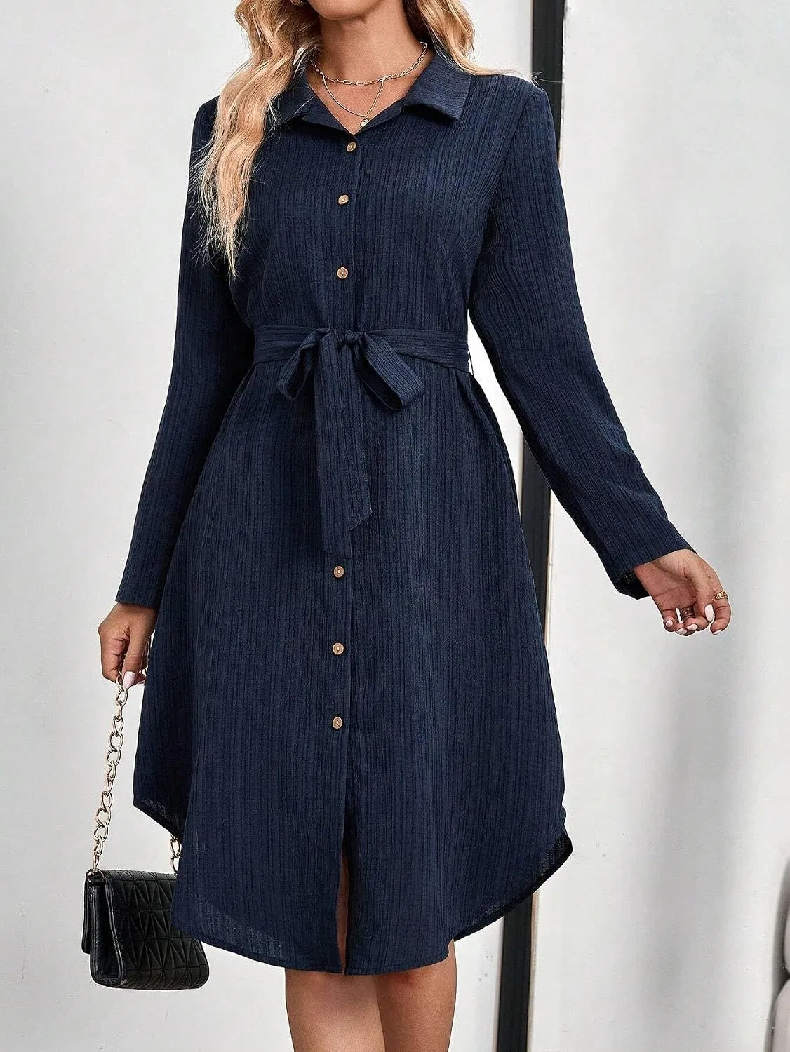 Женское повседневное платье-рубашка с поясом, Navy Blue — фото 2