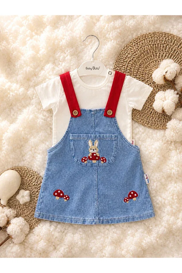 Детский комбинезон-сарафан для девочек с принтом Rabbit Mushroom Embroidery Detailed Baby Girl Salopet Dress Set of 2 Aslin Store, Blue — фото 3