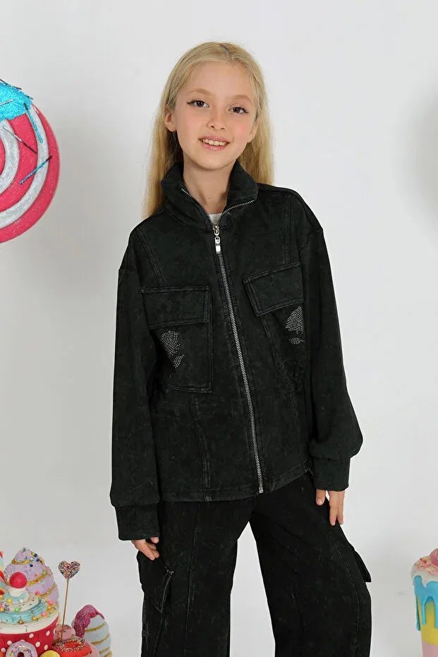 Детский комплект спортивного костюма для девочек с принтом Rose Stone Detailled Tracksuit Set Star Pearl Kids, Black — фото 4