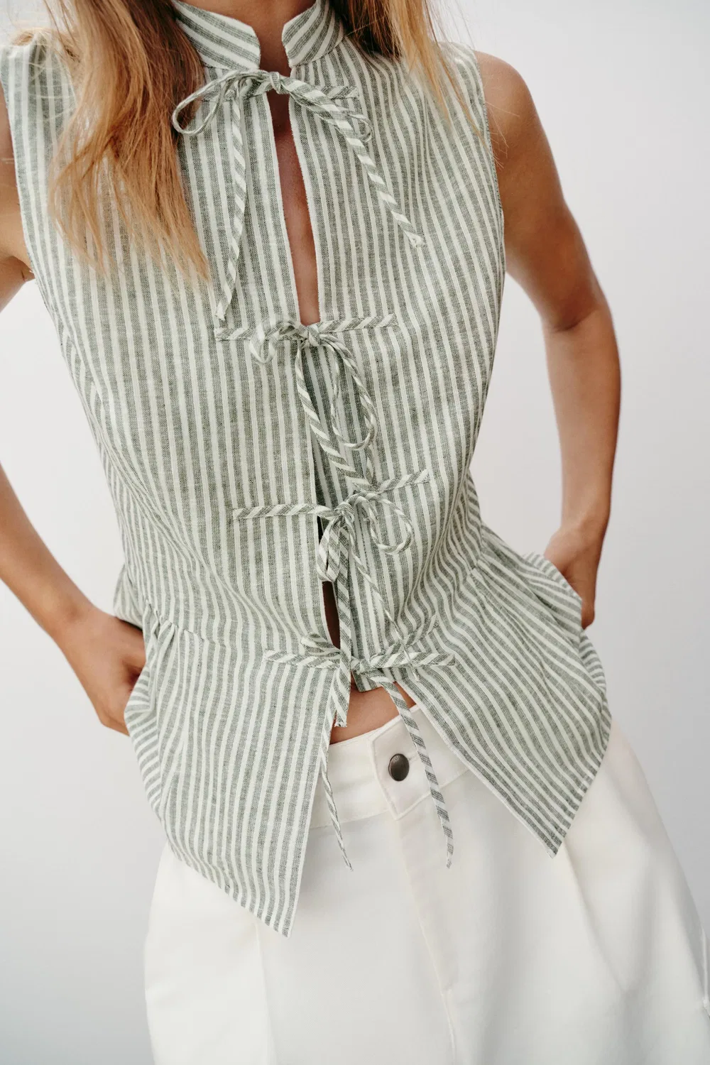 Полосатый топ с бантиками из металлизированной нити ZARA, Green/Ecru — фото 2