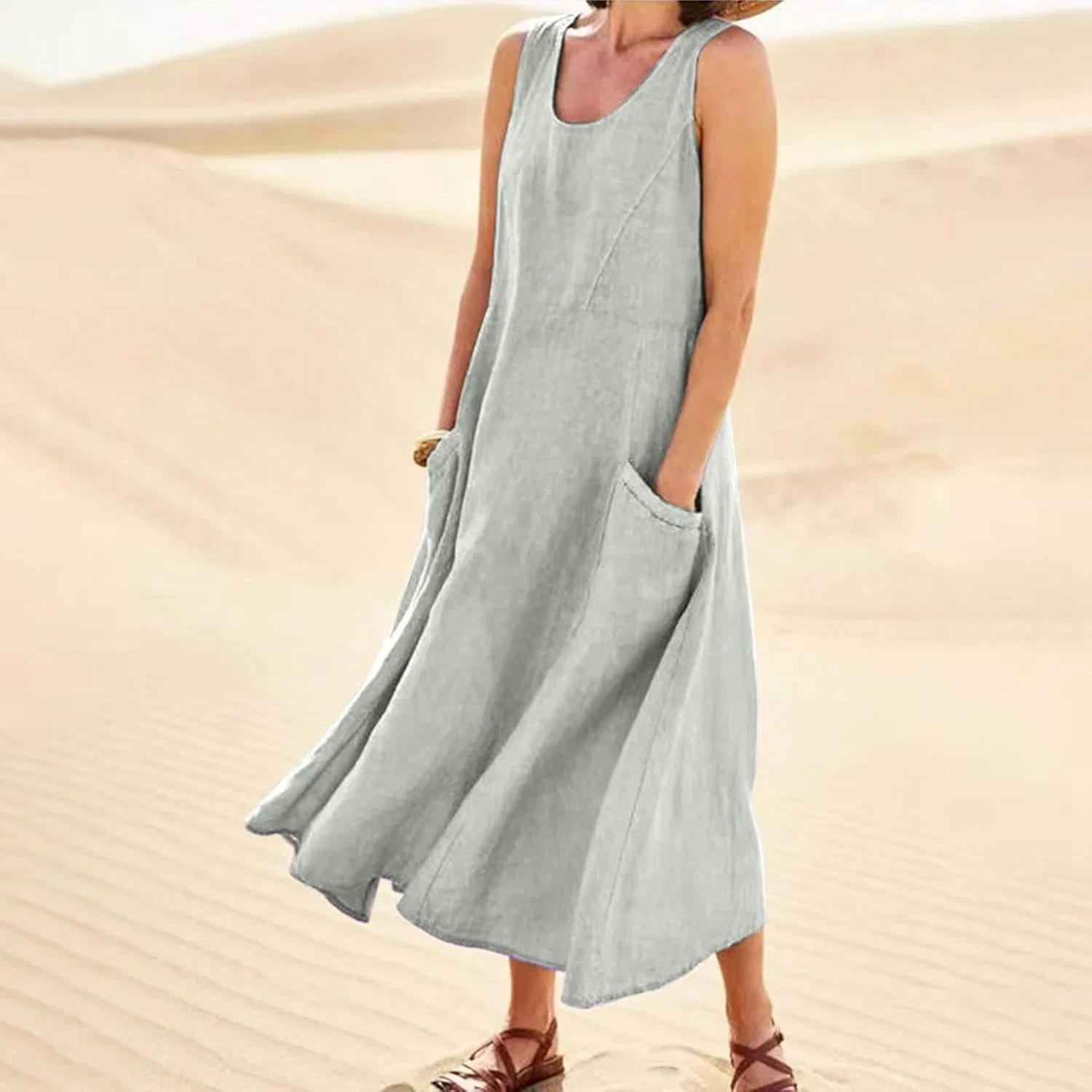 Женское летнее льняное платье макси с карманами, Light Gray — фото 2