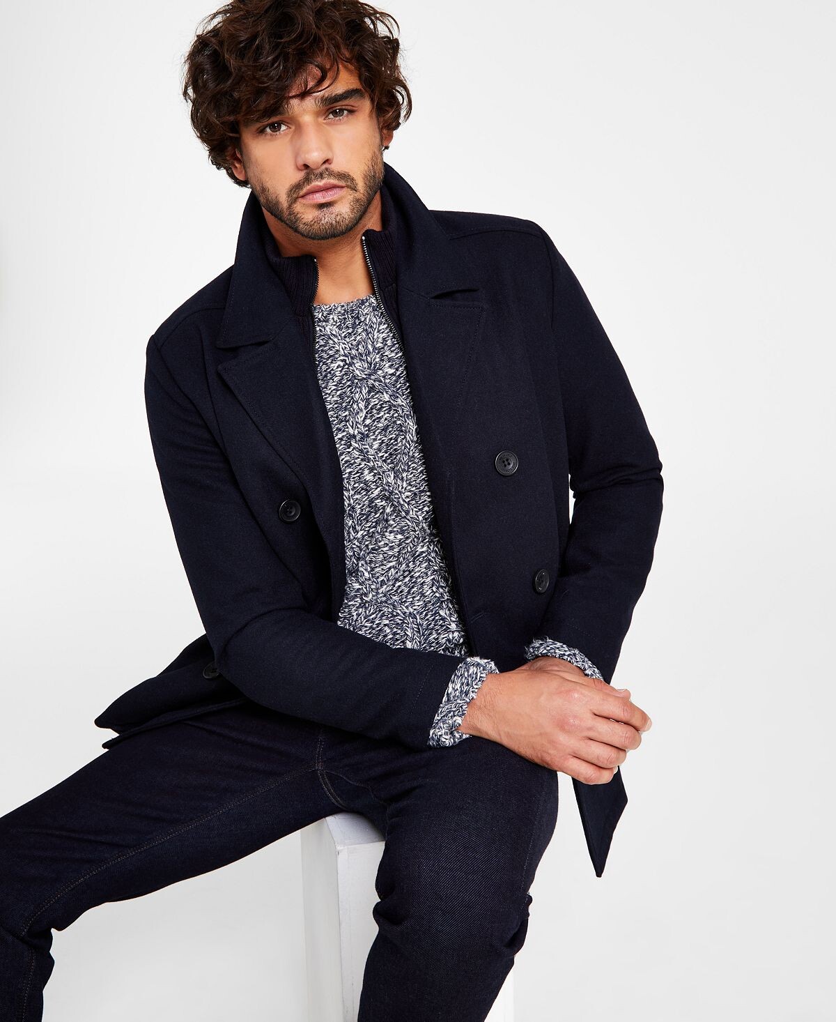 

Мужской двубортный бушлат из смесовой шерсти с нагрудником Kenneth Cole, синий