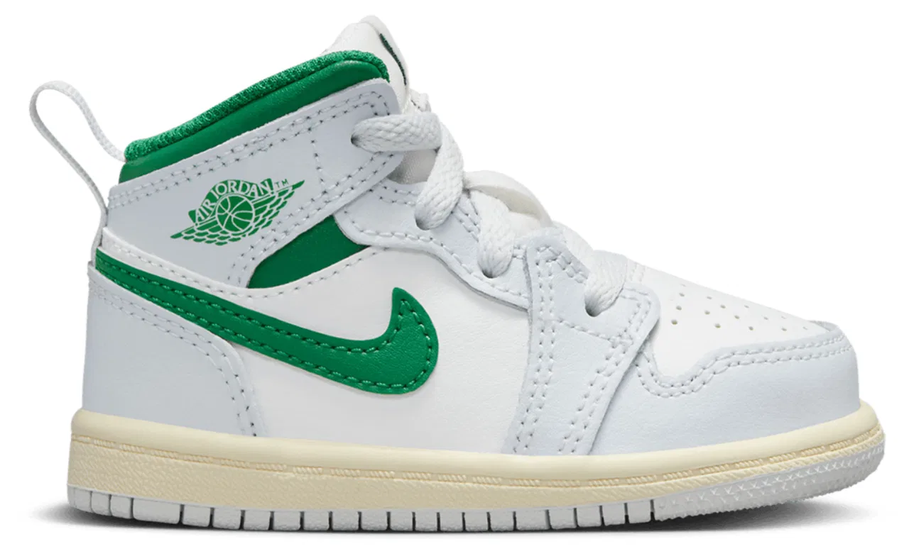 Детские кроссовки для мальчиков с верхом из кожи и нубука AJ 1 Mid Jordan, Summit White/Pine Green