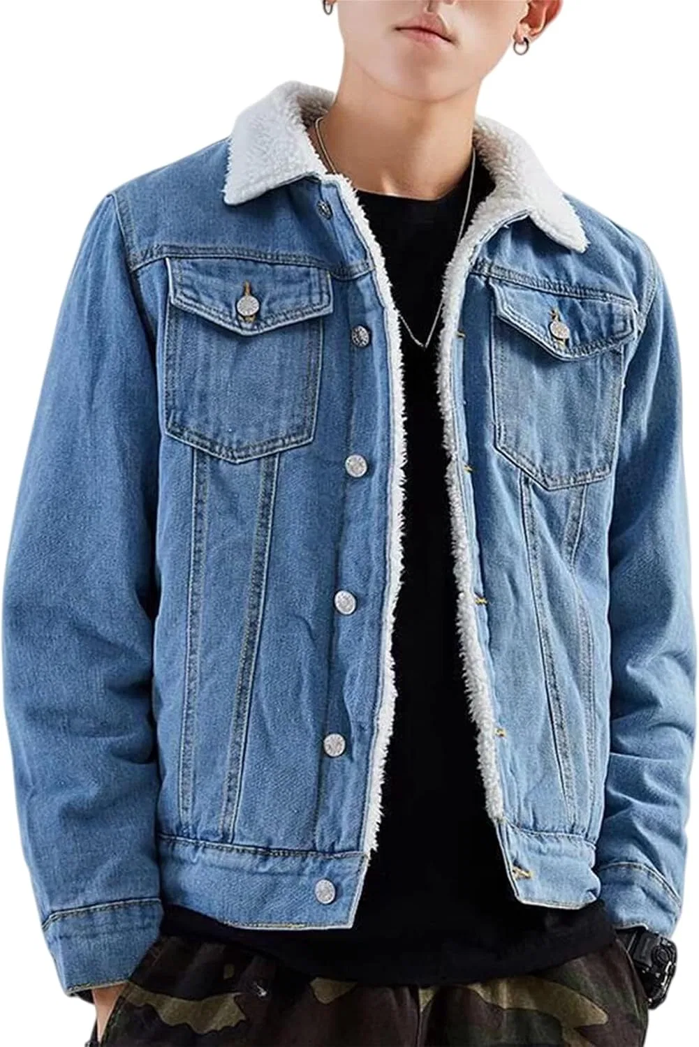 Мужская джинсовая куртка с флисовой подкладкой, Retro Casual Cotton, светло-синий