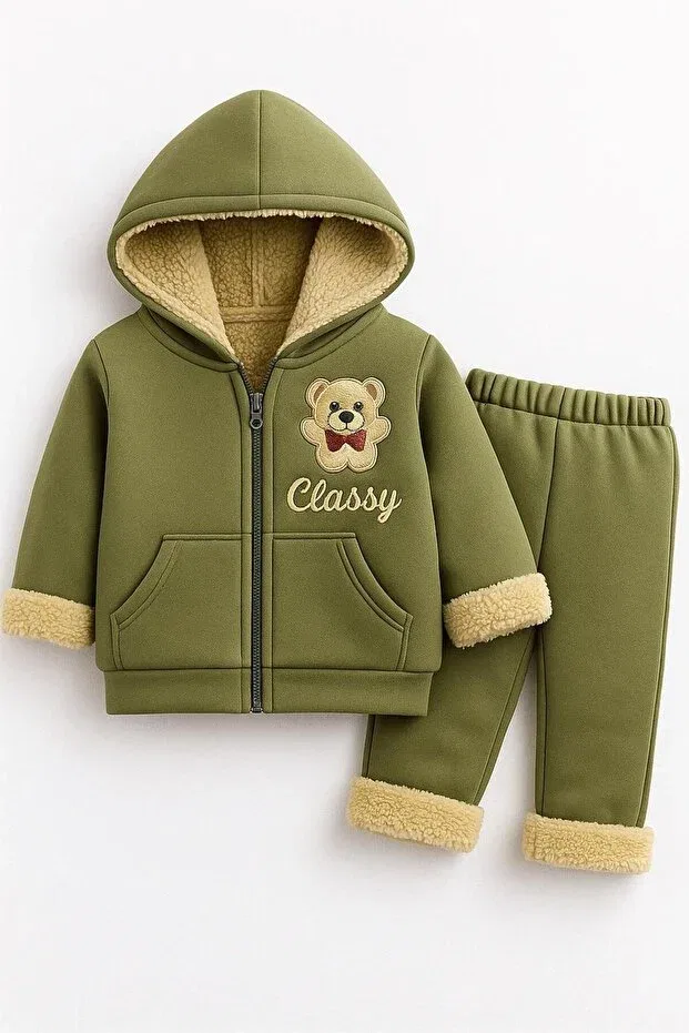 Детский для девочек комплект свитшота и спортивных брюк с принтом Teddy Bear Detailed Soft Plush Classy Moda, Khaki