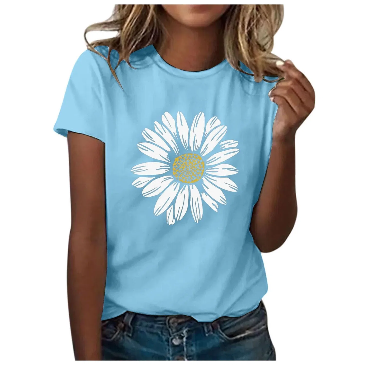 Женская футболка с цветочным принтом с коротким рукавом, 02 Light Blue