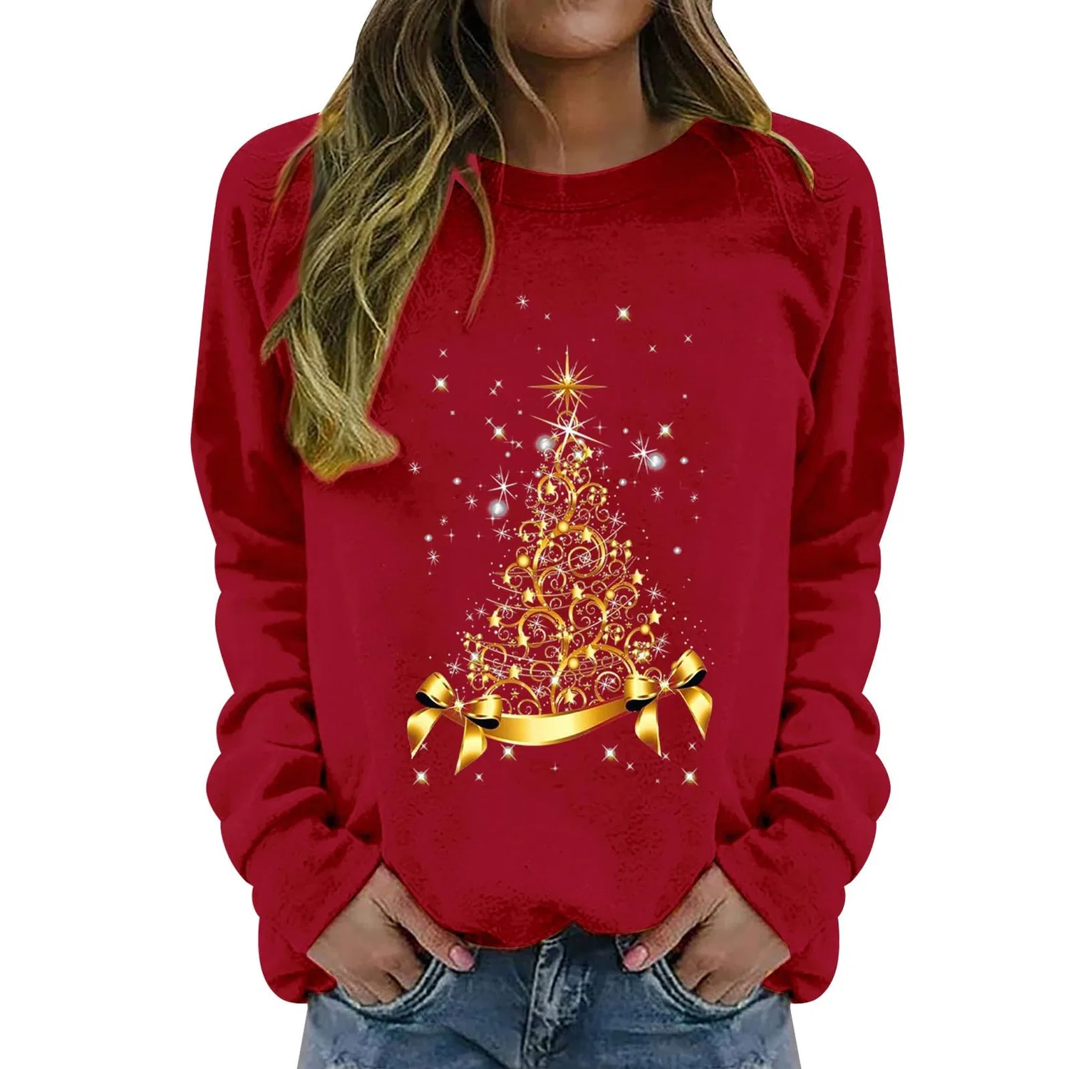 Женская куртка с принтом Christmas Tree с длинным рукавом, Red