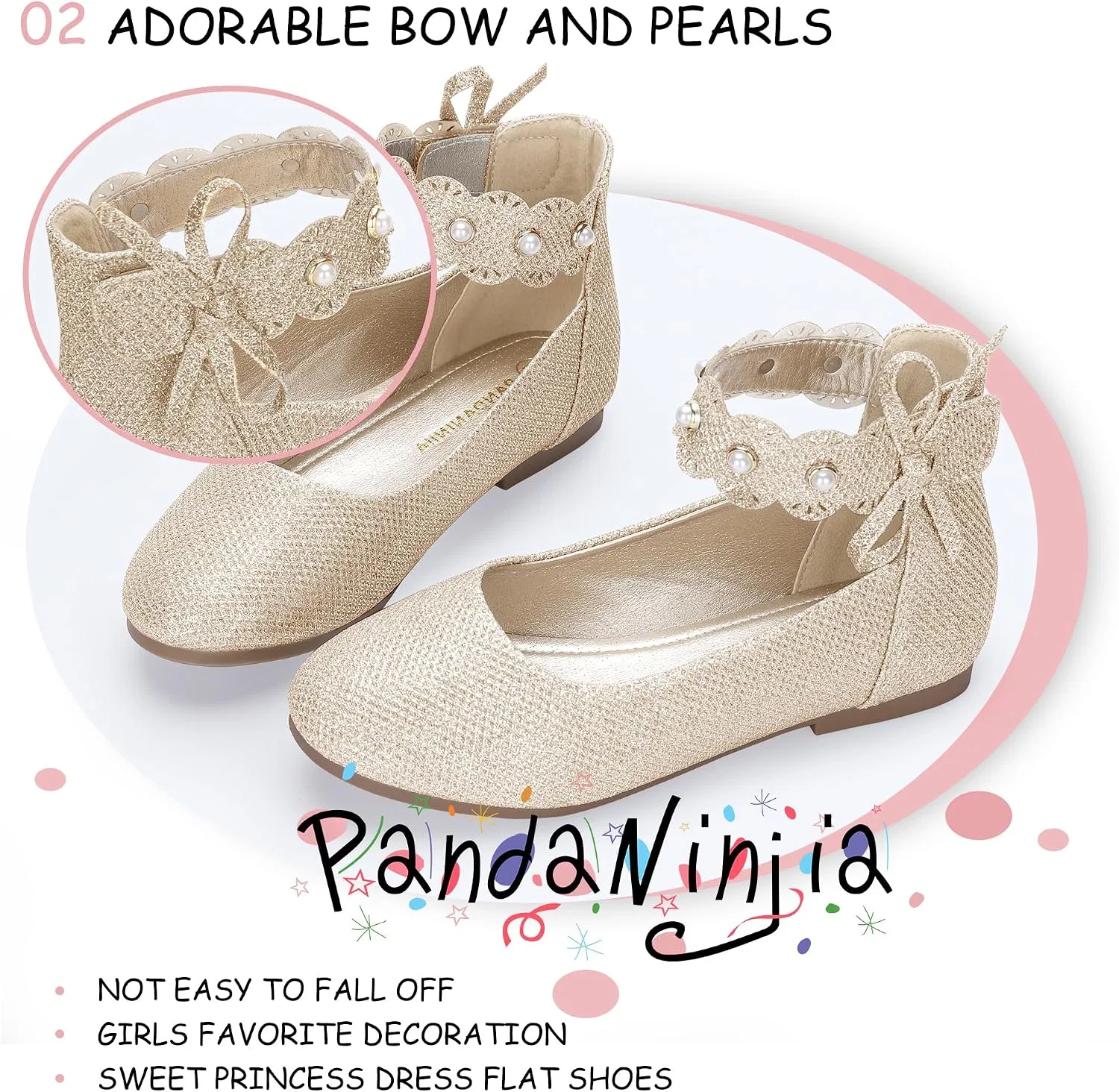 Детские балетки для девочек с жемчугом PANDANINJIA, Gold Glitter — фото 4