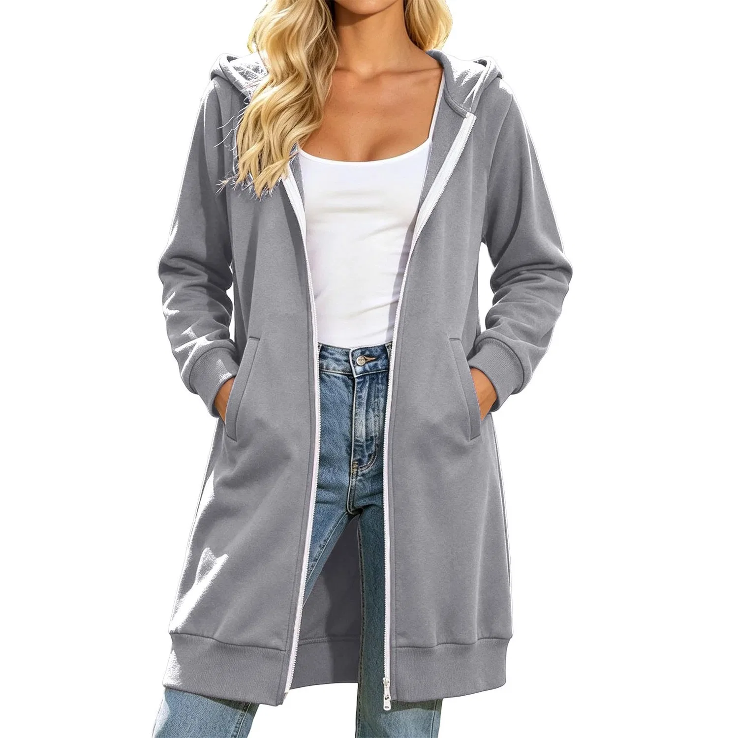 Женское пальто из флиса с капюшоном и карманами, Light Grigio