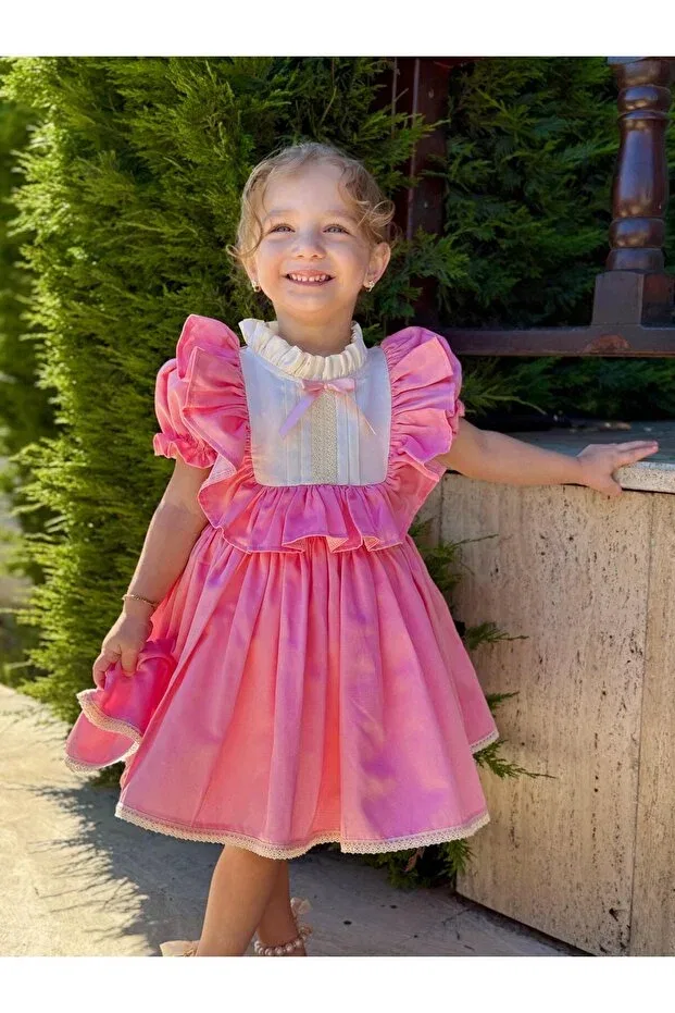 Детское платье для девочек с принтом Defne pink bow vintage baby girl dress Hly Karol Tasarım, Pink