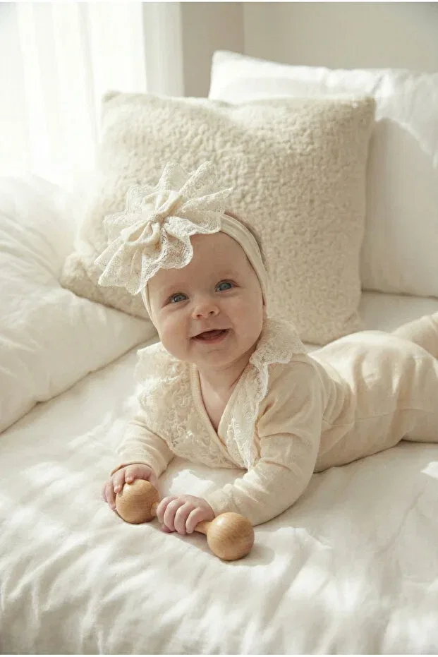 Детский комбинезон для девочек кружевной с комплектом повязки Little princess cream lace cotton interlock baby romper and hair band set Montina, Ecru — фото 3