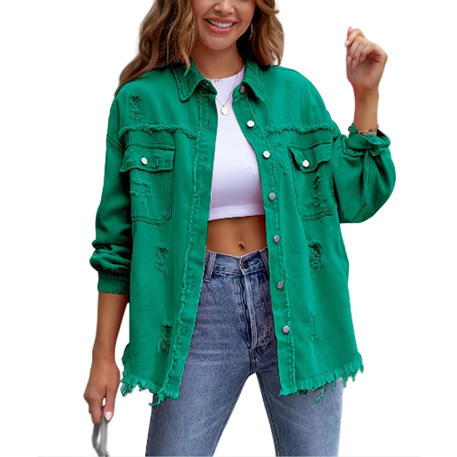 Женское джинсовое пальто с бахромой Boyfriend, Verde scuro