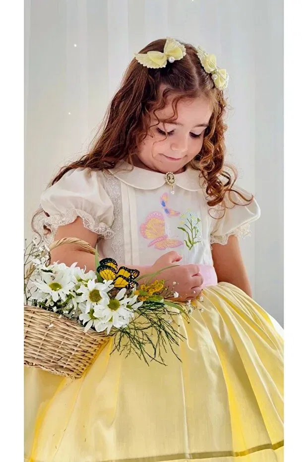 Детское платье для девочек с кружевом Vintage baby girl dress with yellow embroidery, birthday, photo shoot dress Linarookids, Sarı — фото 2
