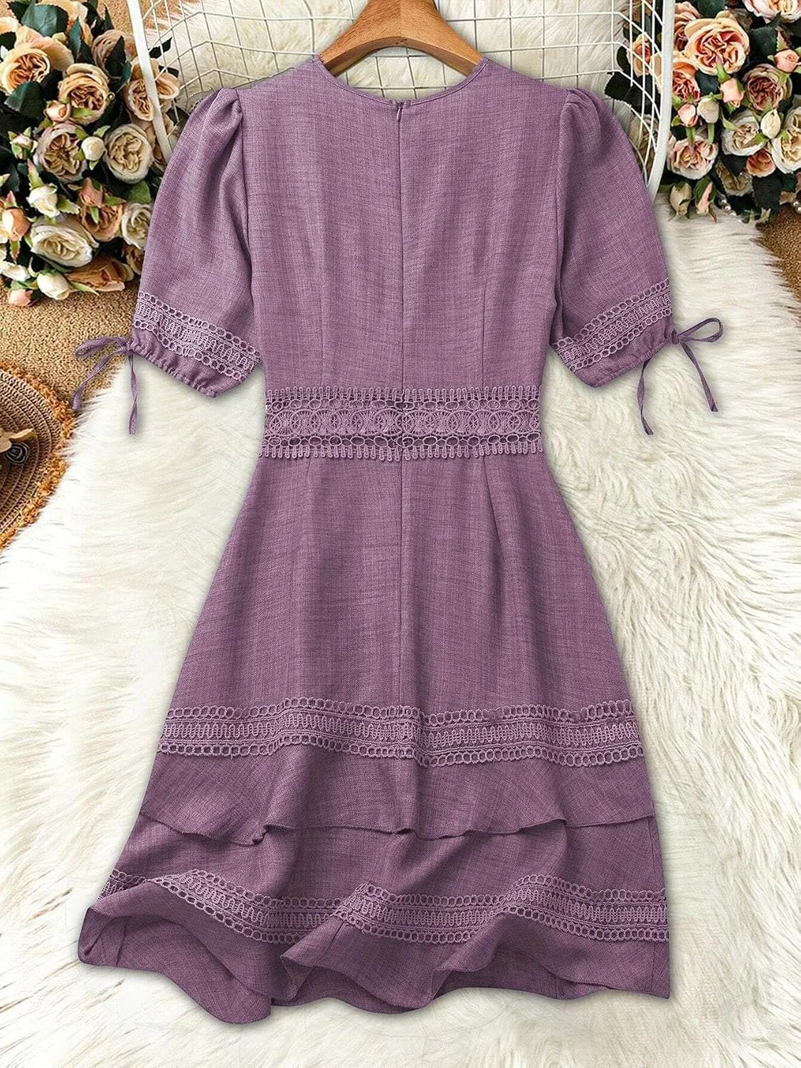 Женское повседневное платье A-силуэта с кружевом и воланами, Mauve Purple — фото 3
