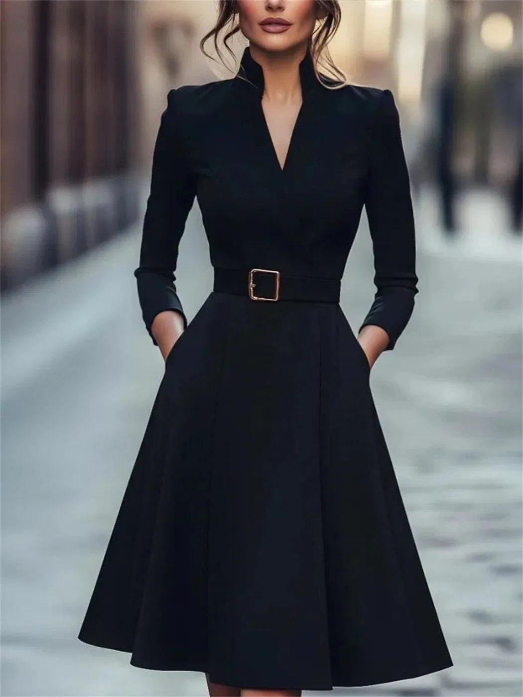 Женское V-образное платье А-силуэта с поясом, Black — фото 2