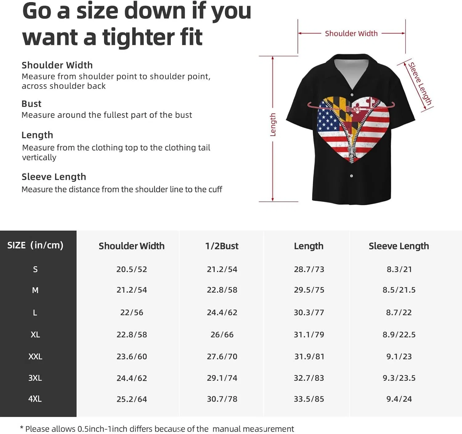 Мужская свободная рубашка с кубинским воротником Heart America Flag, Black — фото 4