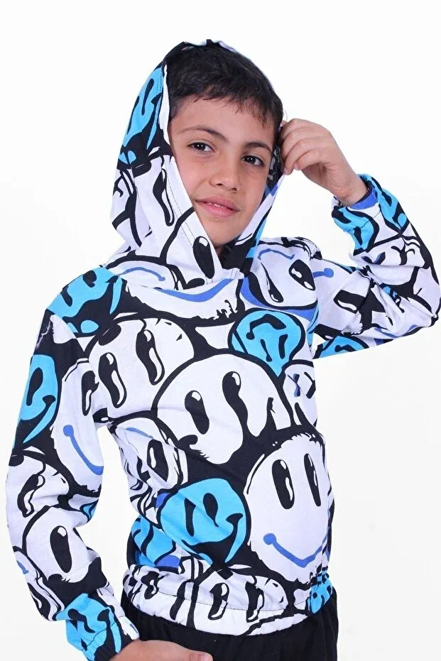 Детское худи для девочек с принтом Emoji patterned Panio Kids, Blue — фото 3