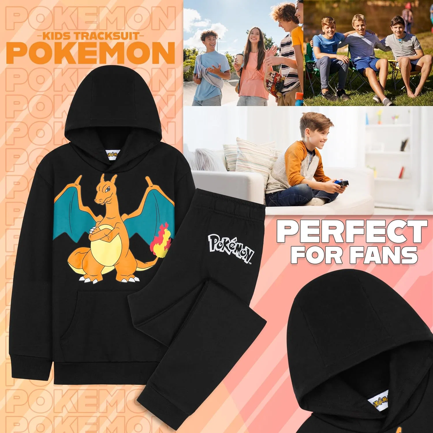Детский спортивный костюм Pokemon Charizard, 2 предмета: худи и джоггеры, черный — фото 2