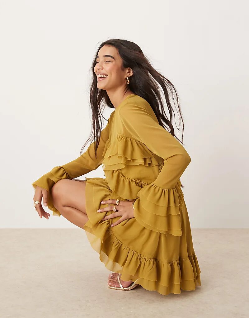 

Мини-платье с длинными рукавами и оборками цвета охры ASOS DESIGN