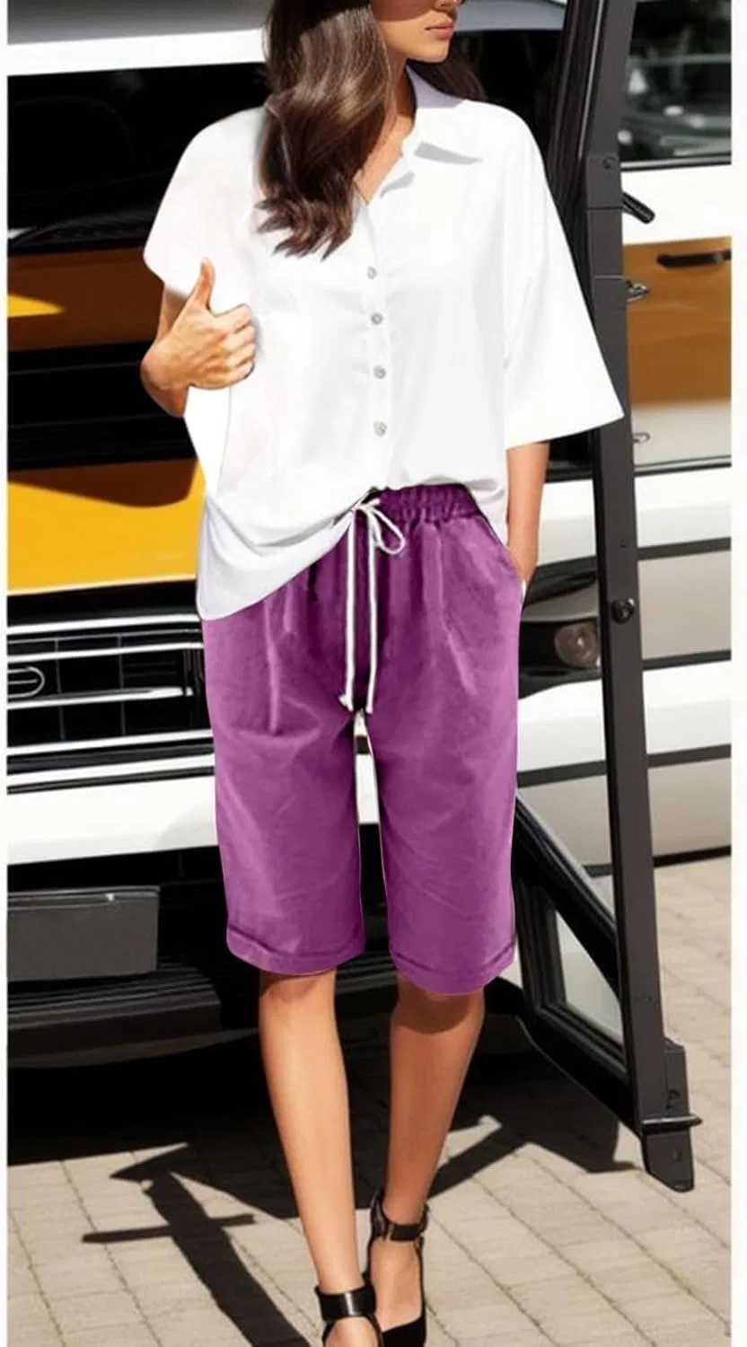 Шорты бермуды женские, лен, с высокой талией, на резинке, 14 Purple — фото 2