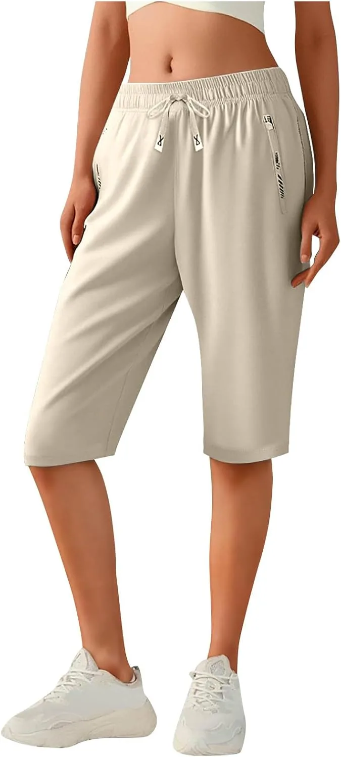 

Женские бермуды с карманами, высокие, эластичные, до колена