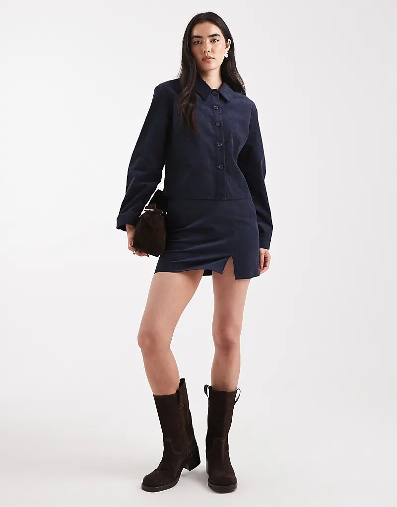 

Мини-юбка из вельвета ASOS DESIGN с разрезом спереди темно-синего цвета