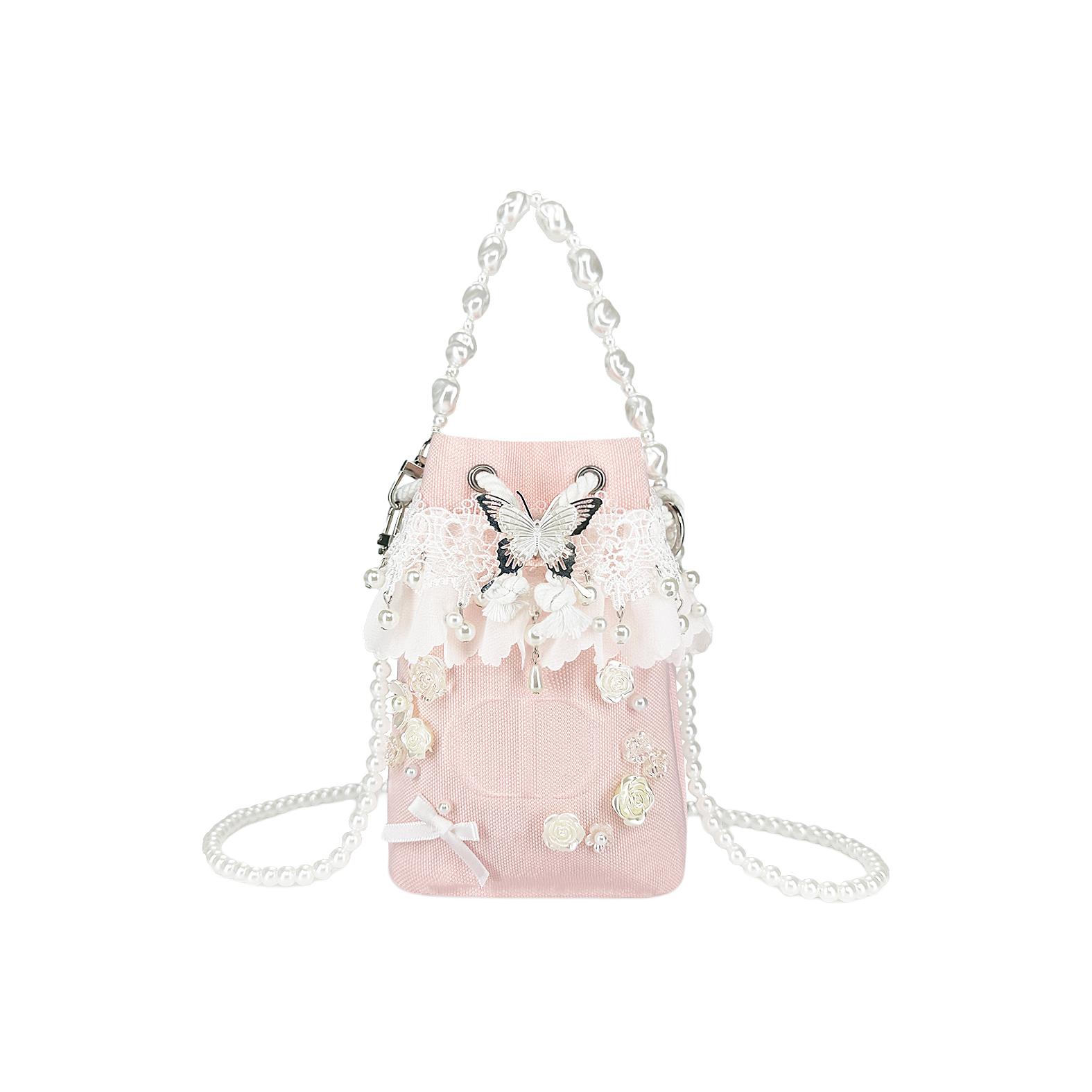 Косметичка Dior с кружевом, жемчугом и декоративной бабочкой, розовый + подарочная коробка — фото 2