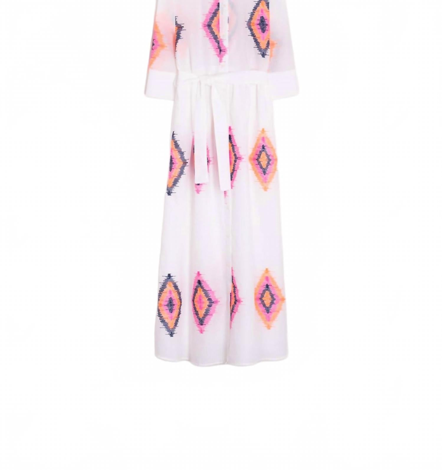 

Платье с вышивкой в стиле икат на пуговицах и завязках в бело-многоцветном исполнении Vilagallo