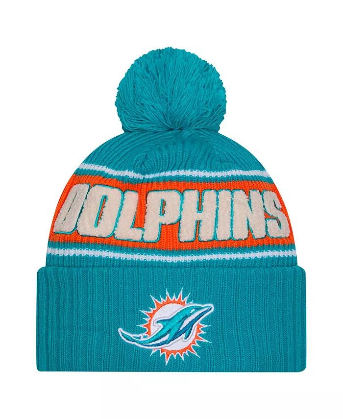 

Мужская вязаная шапка Aqua Miami Dolphins 2024 Sideline с манжетами и помпоном New Era