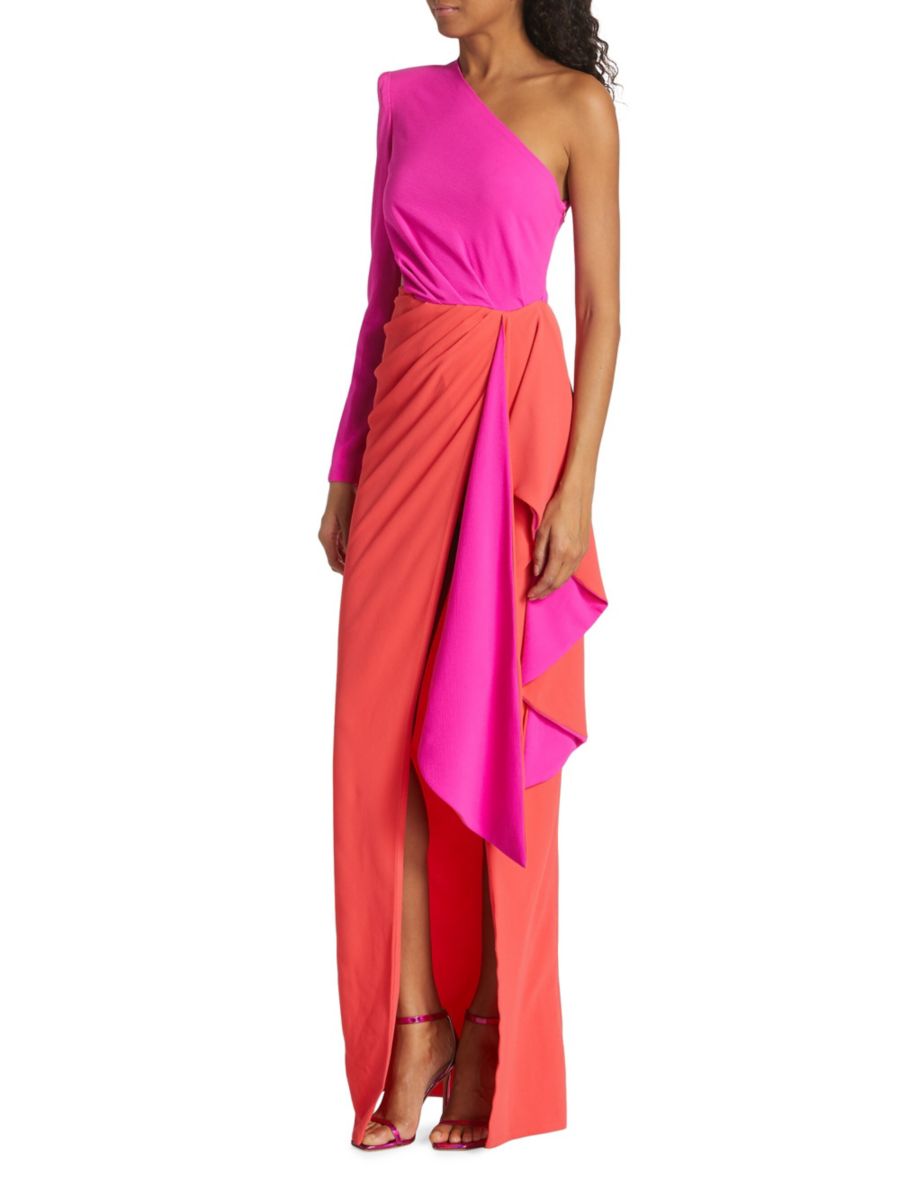 

Платье Evelyn на одно плечо с цветными блоками и драпировкой Michael Costello Collection, цвет Tangerine Fuschia