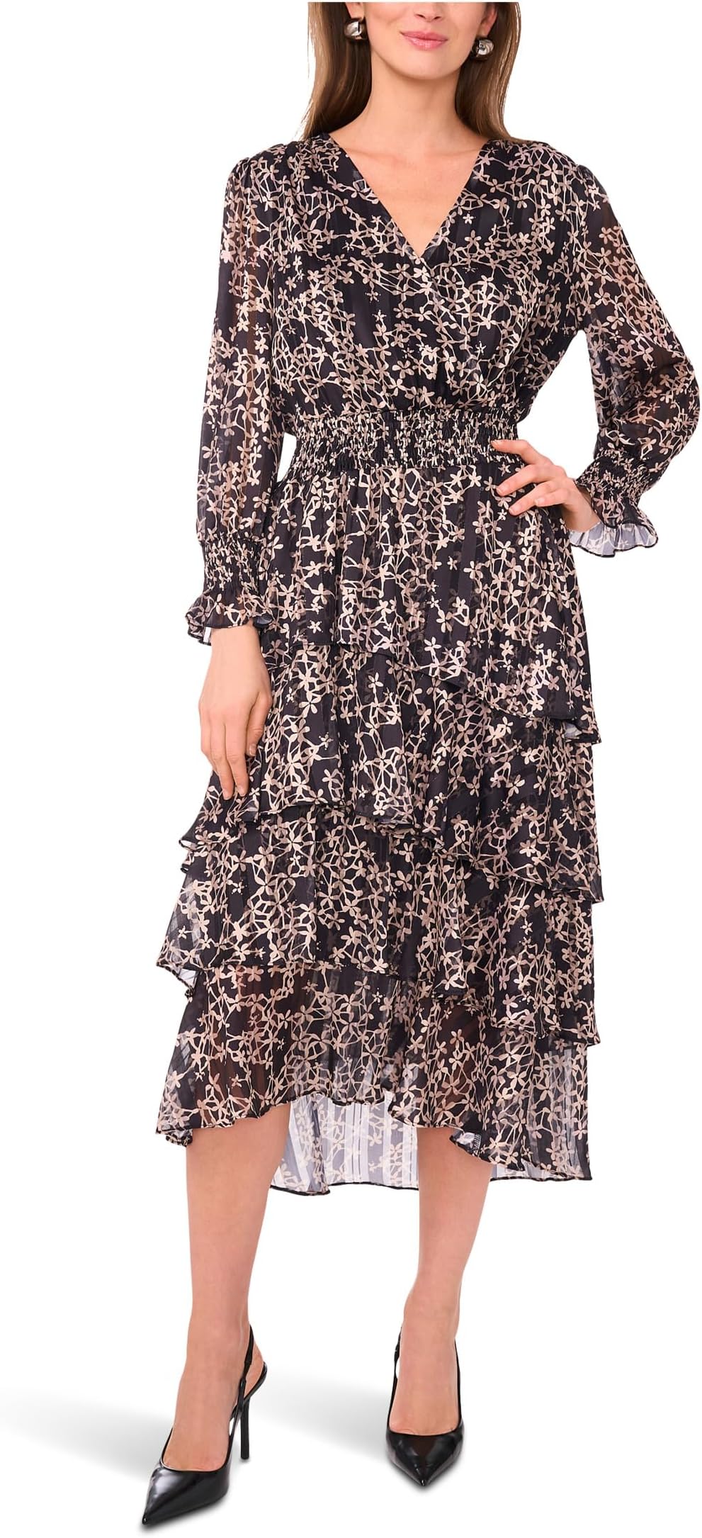 

Женское макси с длинными рукавами, V-образным вырезом и многоярусной юбкой Vince Camuto, Rich Black