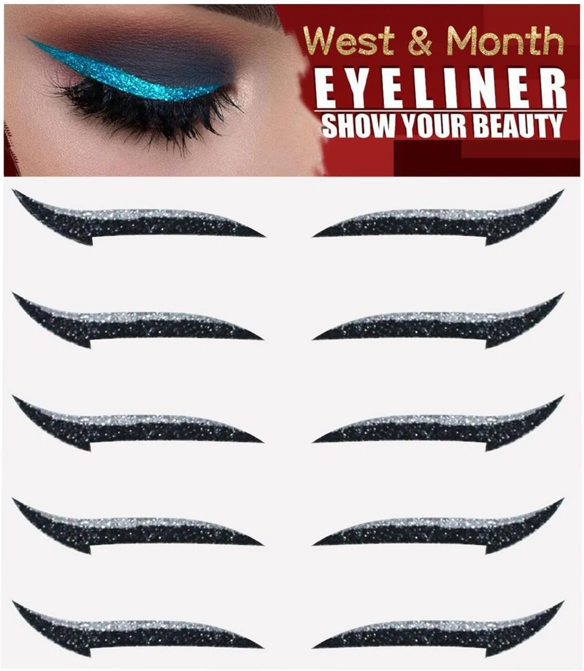 Подводка для глаз Glitter Eyeliner Sticker, 5 пар, серебристый