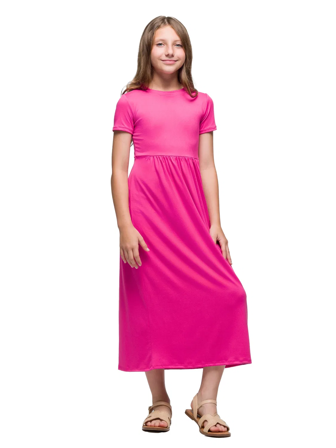 Платье миди с коротким рукавом и плиссировкой для девочек от 24sevenkid 24seven Comfort Apparel, розовый — фото 2