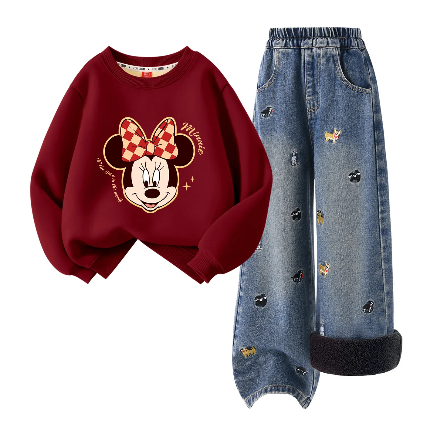 Детский спортивный костюм с круглым вырезом Disney, [Thickened and Fleece-Lined]Dini Star Burgundy+Solid Color Denim Blue
