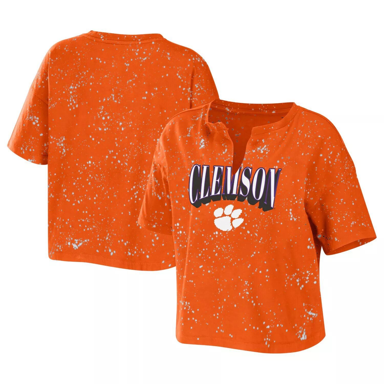 

Женская футболка Erin Andrews Orange Clemson Tigers Bleach Wash Splatter Notch Neck