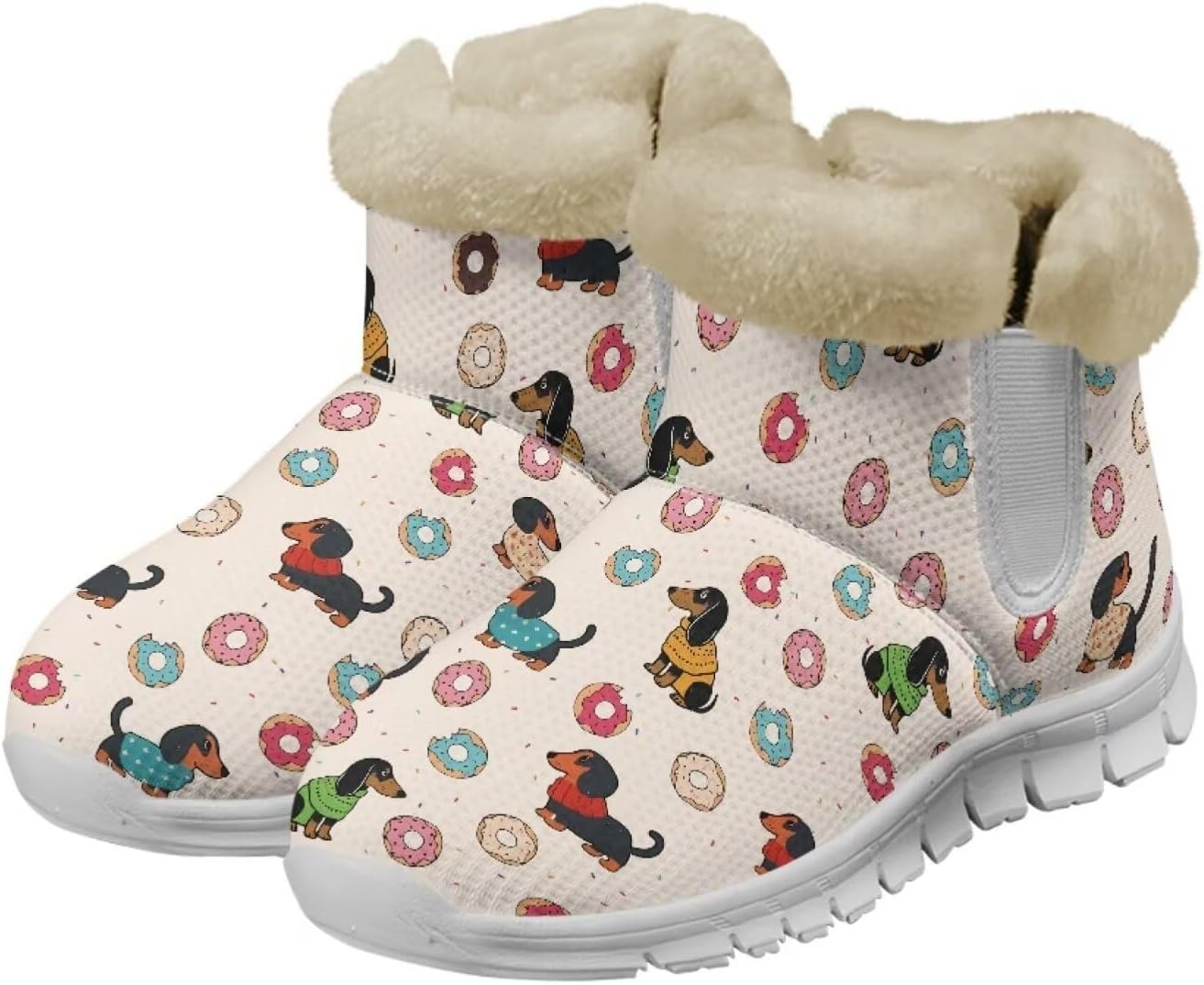 

Унисекс зимние снежные ботинки JoyLamoria, эластичные ботильоны до щиколотки, уличные, легко надеваются, удобные пушистые ботинки, Doughnut Dachshund