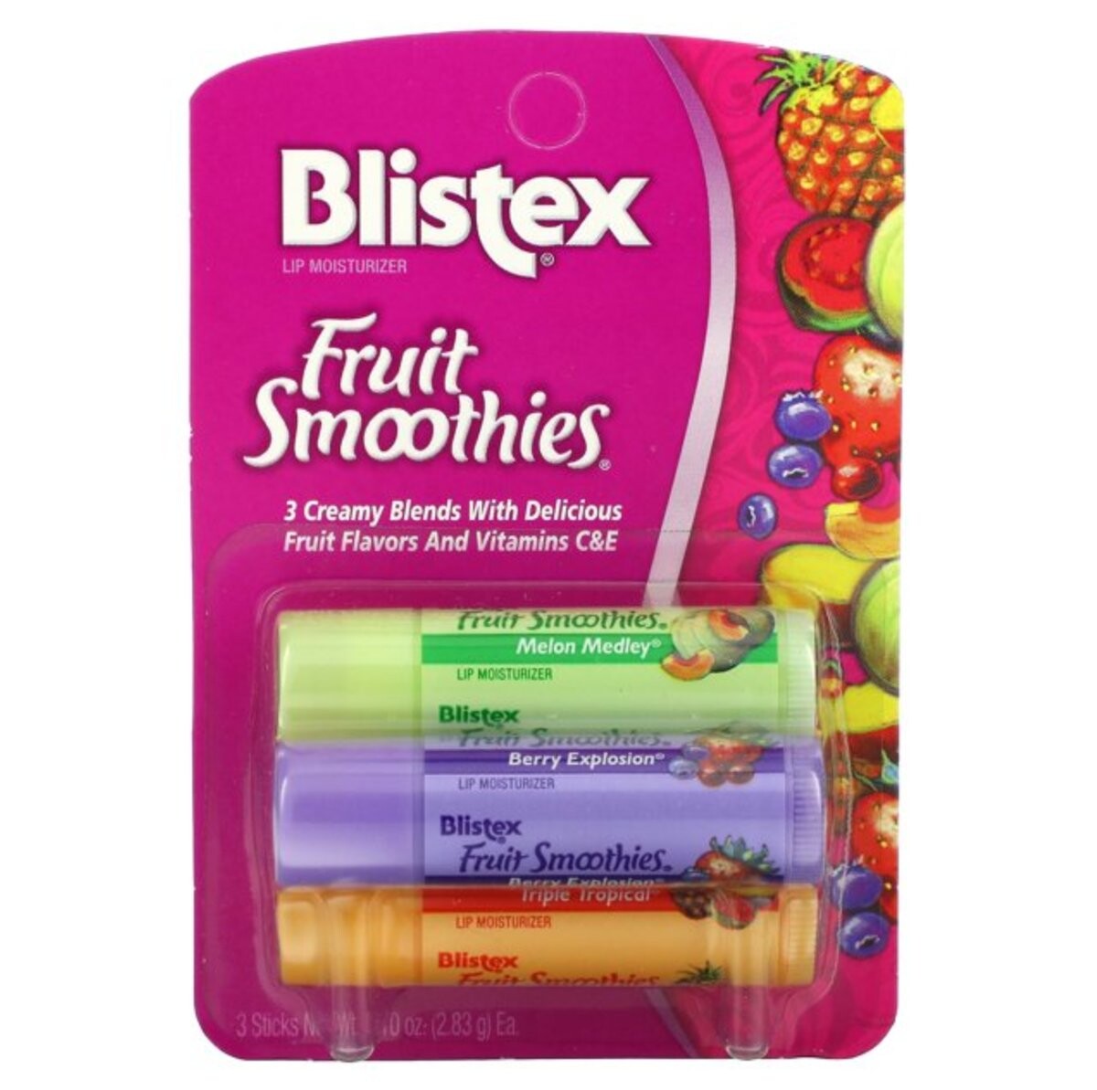

Blistex, 3 упаковки увлажняющих фруктовых бальзамов для губ, Fruit Smoothies