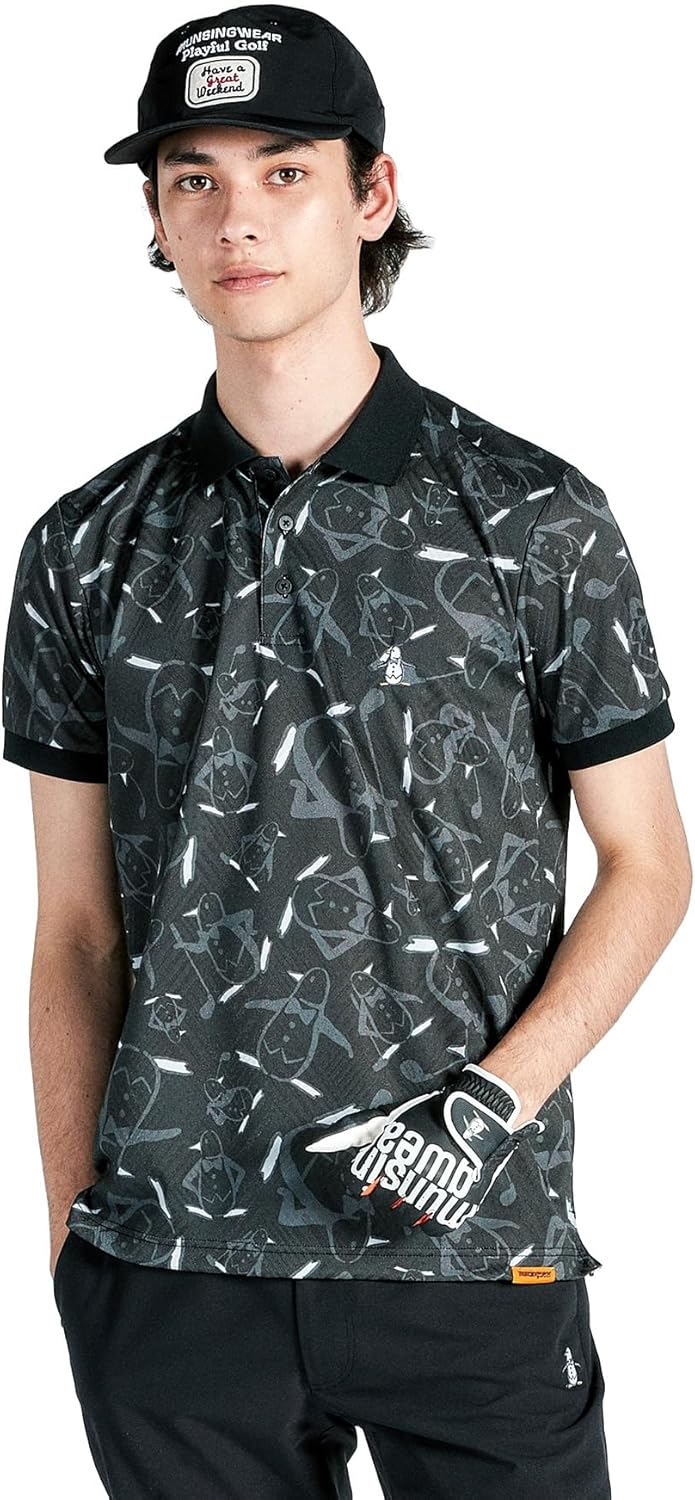 

Мужская рубашка с коротким рукавом Munsingwear MG4FHS54M, с рисунком пингвинов, солнцезащитная, влагоотводящая, быстросохнущая, произведено в Японии, для гольфа, черный